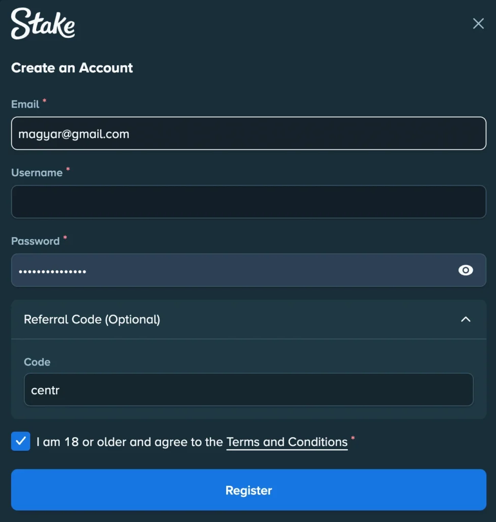 Hogyan lehet regisztrálni a Stake kaszinóban